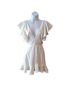 Selfie Leslie White Ruffle Mini Dress XS V Neck Flutter Sleeve Fit Flare